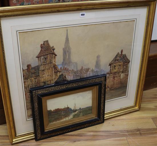 Paul Marny (1829-1914), Continental town scene, signed and another watercolour by Curtius Duassut (fl. 1889-1903) dated 89, 53 x 70cm